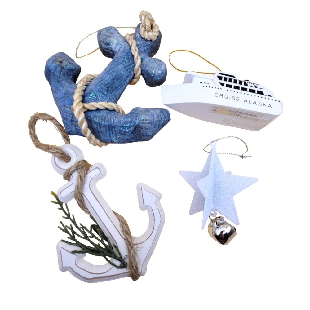 Set Of 4 Nautical-Themed Christmas Ornaments - Anchor Cruise Ship & Star VL1012
